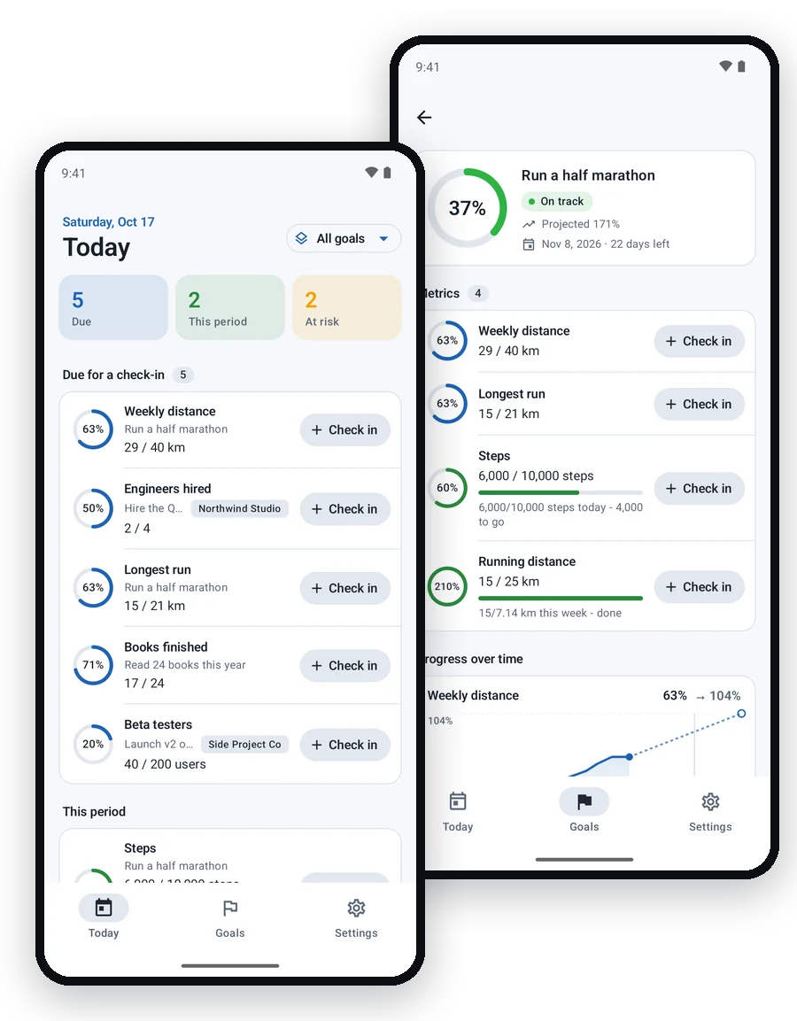 The GoalNexa Android app: Today's check-ins, and a goal with its metrics and progress