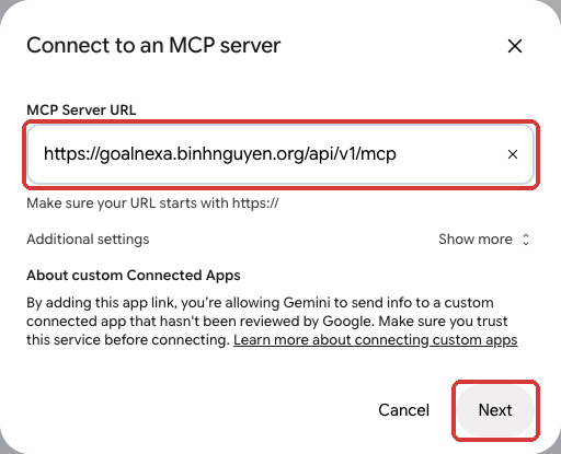 Gemini: Under Custom apps, click “Add a custom app” and paste this URL exactly - no trailing slash: